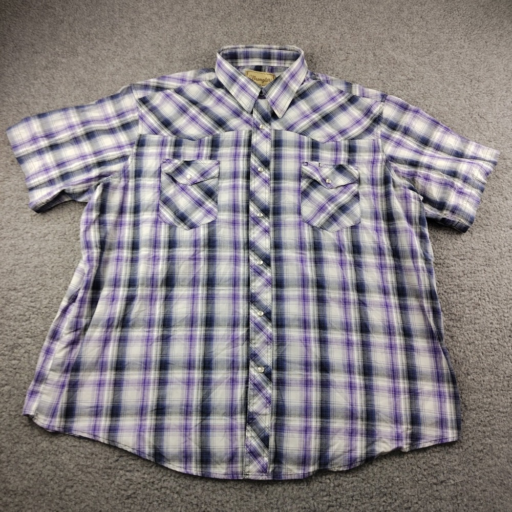 Wrangler Western Shirt Mens 2XL Purple Plaid Pearl Snap Short Sleeve Rodeo‎